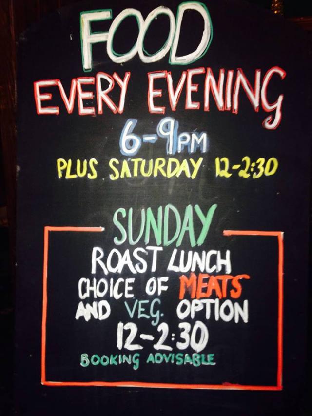 Food available Monday - Sunday 6pm - 9pm Saturday lunch 12pm Sunday Roasts, vegetarian option also available 12pm-3pm Quiz on Sunday evenings 8.30pm Food available Monday - Sunday 6pm - 9pm Saturday lunch 12pm Sunday Roasts, vegetarian option also available 12pm-3pm Quiz on Sunday evenings 8.30pm
